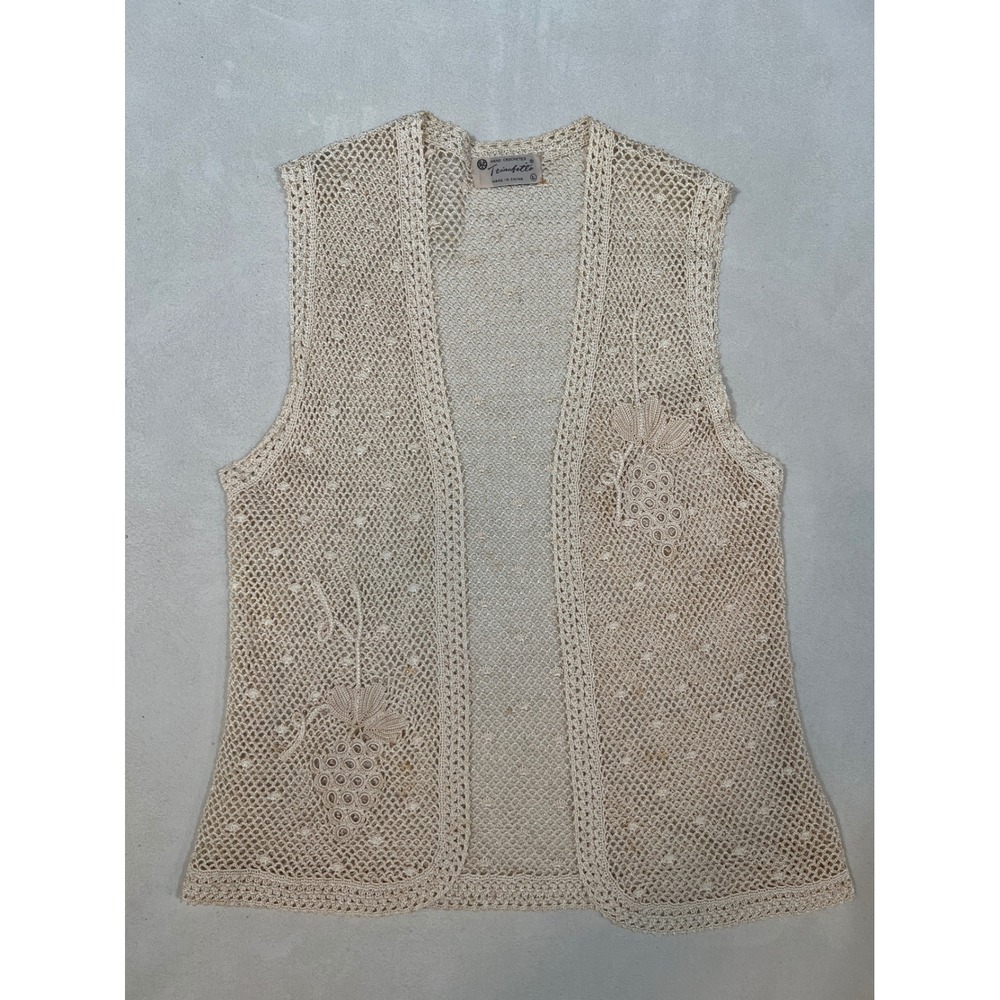 Trinchetto Hand Crocheted Vest Beige Grape Motif Open Front Mesh Knit Large